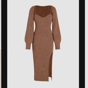 Cider Brown Knit Midi Dress with Balloon Sleeves